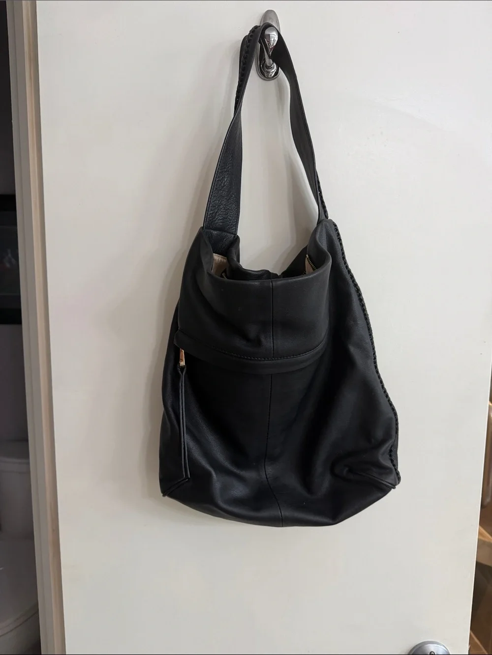 Black Leather Hobo Bag with Braided Detail
